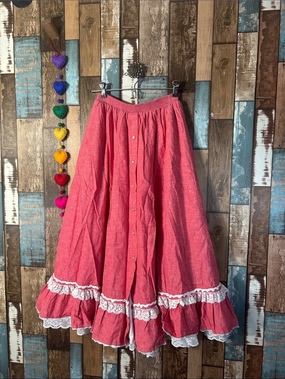 Brand Red Ruffled A-Line Midi Skirt with Lace Trim western - Picture 1 of 16